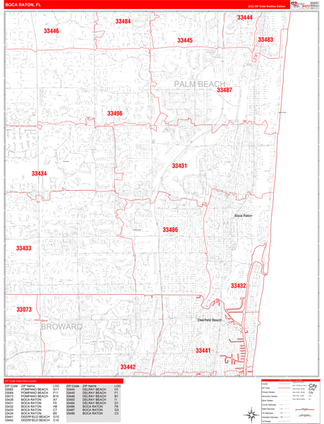 Boca Raton City Wall Map Red Line Style